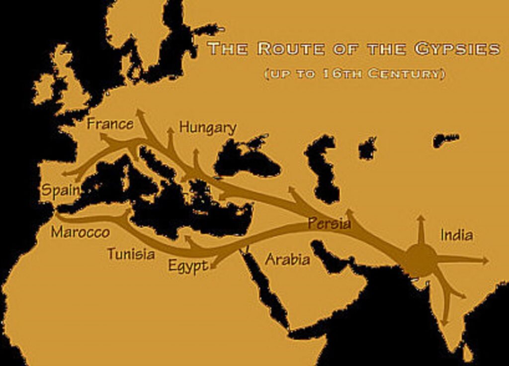 Inoghe: Su caminu de sos gitanos. In artu a dereta imàgine dae sua pellìcula de Peter Marcias "Dimmi che destino avrò". 