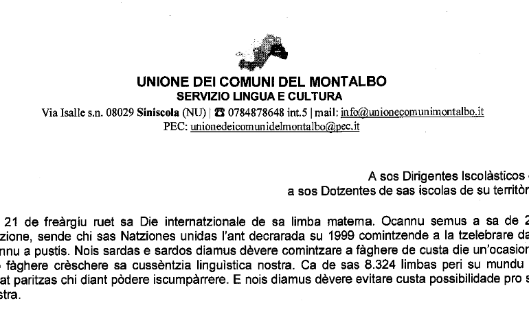 Die de sa limba materna. S'Unione de sos Comunes de su Monte Arvu a sas iscolas: «S'istrutura nostra a disponimentu bostru»»